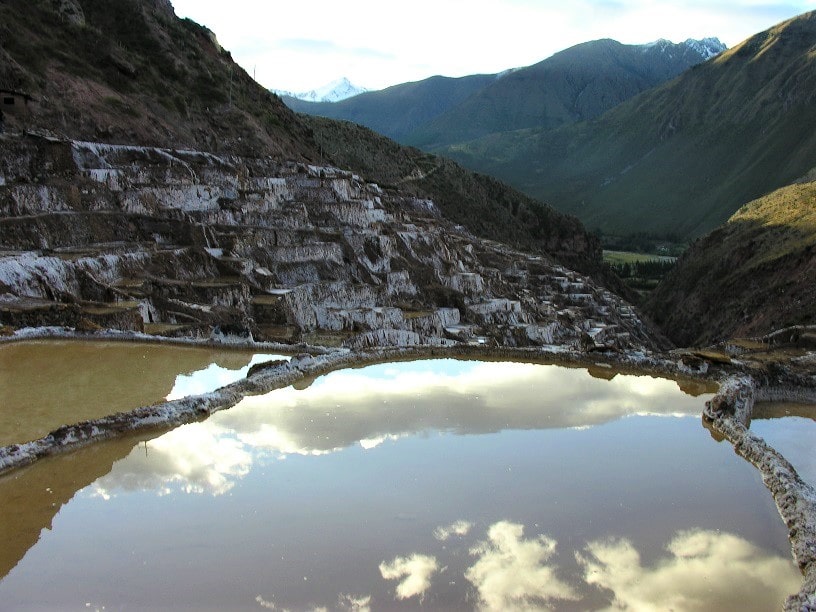 The salt pools reflecting the sky at Maras