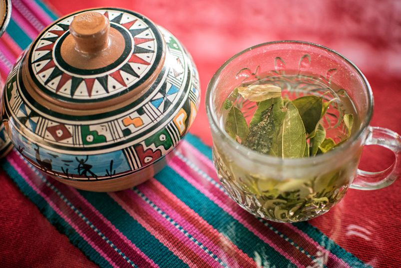 Mate de coca or coca leaf tea, a popular non alcoholic Peruvian drink