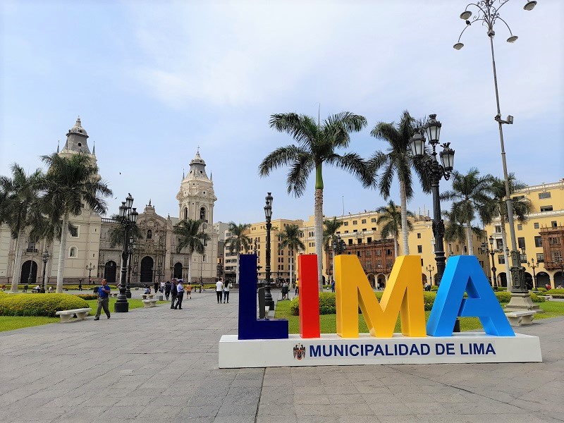 Lima main square. Colorful sign with the word "Lima"