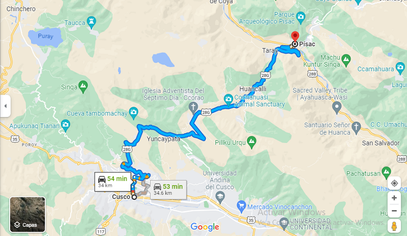 Map of Cusco to Pisac, in the Sacred Valley