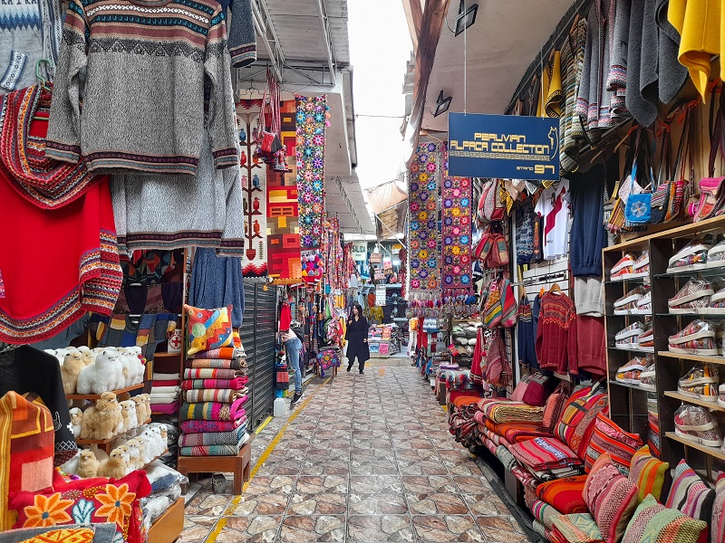 Peruvian crafts, clothes and shoes at the Indian market in Miraflores, Lima.