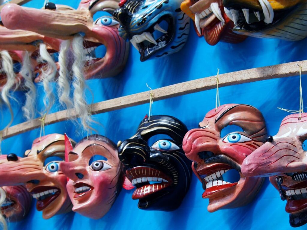 Traditional masks at a shop, at the Virgen del Carmen festival in Paucartambo.