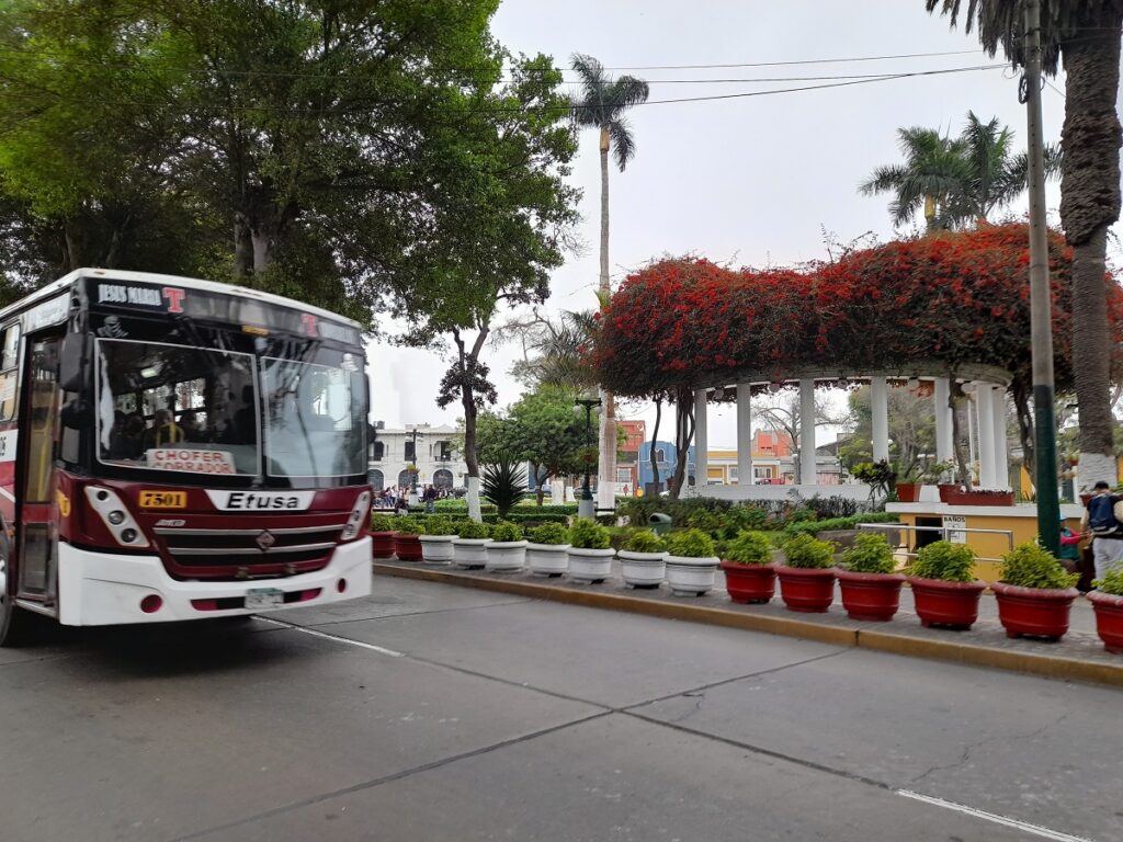 Bus in Barranco, Lima. Buses are the most common way of getting around n Peru.