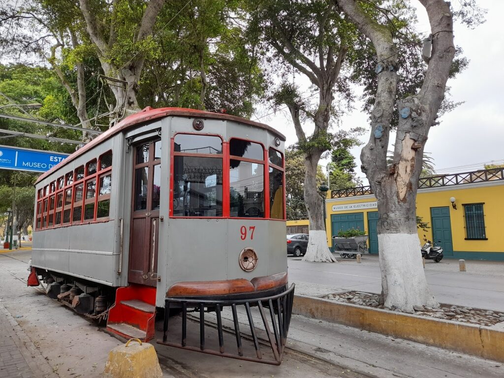 The Barranco tram near the main square under a grey sky, a November landmark for visitors exploring the historic and artistic heart of Lima.