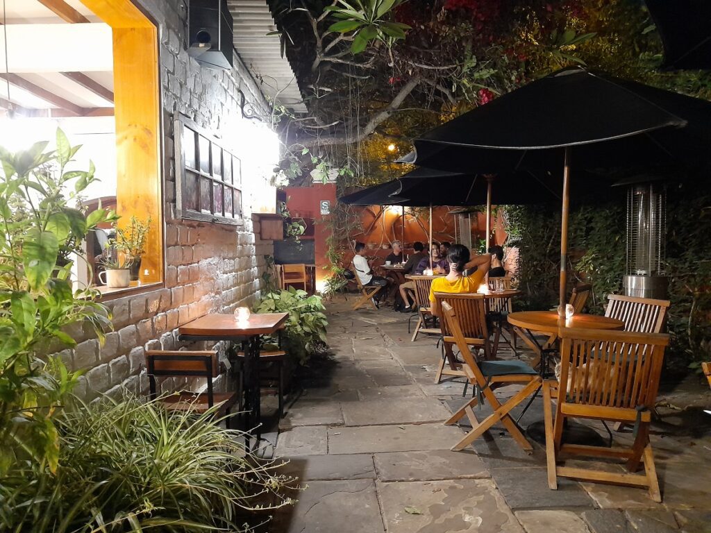 Outdoor sitting space at La Bodega Verde, a cafe in Barranco.