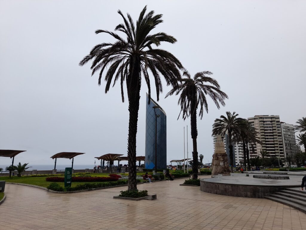 Palm trees against a dark grey sky at Parque Salazar, capturing the moody beauty of Lima in July for those visiting during the cooler months.