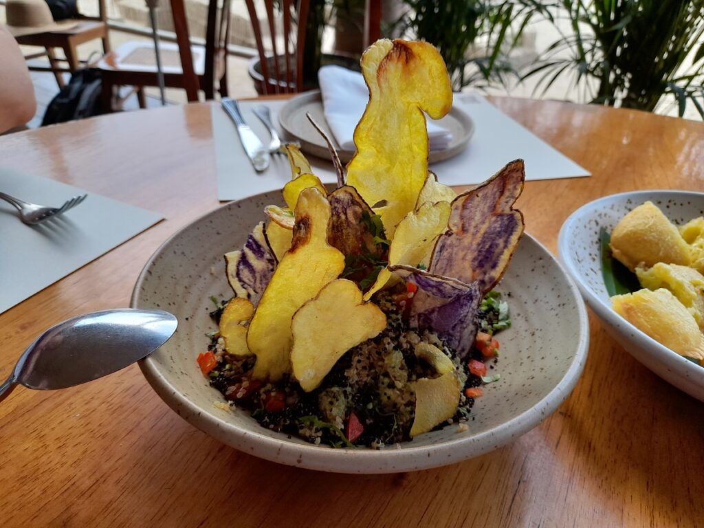 Quinoa dish topped with native PEruvian potato chips.