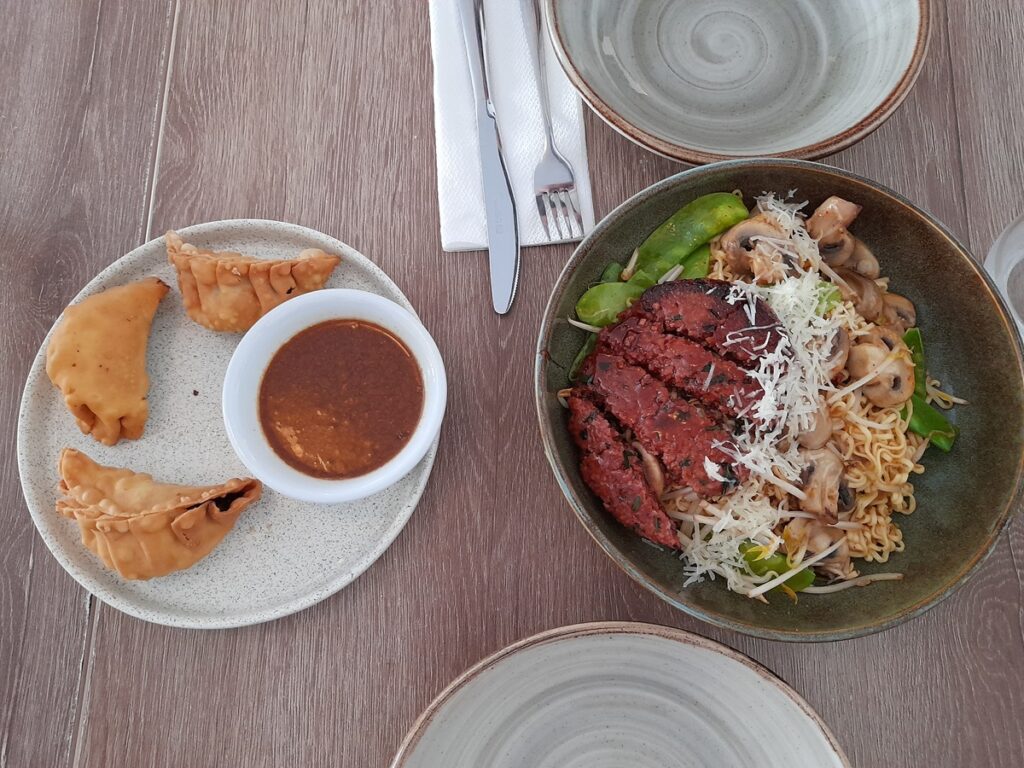 Overhead view of a vegetarian meal at a Asianica restaurant in Lima with crispy fried gyoza dumplings served with dipping sauce and a flavorful bowl of ramen batayaki topped with seitan, mushrooms, snow peas, and grated cheese on a rustic wooden table.